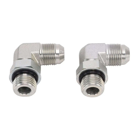 Solid Pro One Quarter Inch Hydraulic Adapter Fitting 90 Degree Elbow 37 Flare Male Thread To SAE ORB Male Interface High Pressure Connector J514 Fitment For Auto Rigs Heavy Duty Build Leak Proof Seal Works Great At Shops Gear Up Fast. shown as two silver 90° hydraulic elbow fittings