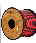 Red And Black 14/2 Gauge 2 Conductor DC Wire For LED Strips, 100 Ft Flexible Parallel Zip Cable with spool and close-up view