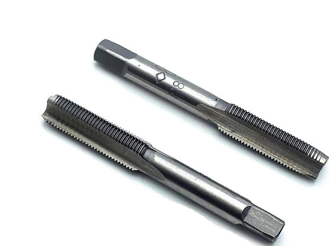 Heavy Duty M8 X 0.75mm Metric Right Hand Thread Taper And Plug Tap Set With Slick Cutting High Speed Steel Blades image showing two precision taps for threading.