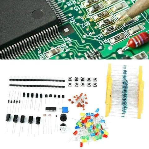 Image of Complete DIY Electronics Components Kit Bundle With Resistors LEDs Capacitors Diodes Potentiometers PCBs And Ceramic Capacitors For Prototyping 1818 Pieces including circuit board and various electronic parts.