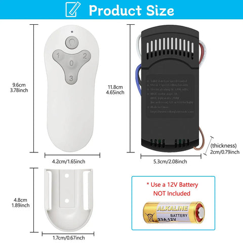 Remote Ceiling Fan Control Kit With 3 Speed Settings And Separate Light Dimmer, Plug And Play Replacement dimensions and components