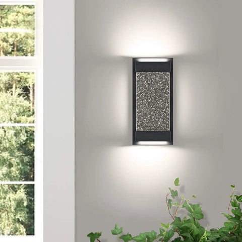Glass Bubble LED Wall Sconce For Indoor Outdoor Use With Matte Black Finish And Essence Bubble Glass And Rectangular Crystal Accent, Dimmable 22W 4000K Natural Light, Lit Ambience, ETL Rated, Easy Install mounted on wall