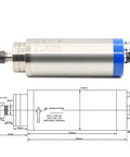 Heavy Duty ER20 CNC Router Spindle Motor With Water Cooled Design And Tough As Nails Steel Bearings For Smooth Woodwork Cutting Plus VFD Inverter Control And Rapid Coolant Pump Setup, showing motor size and diagram.