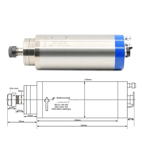 Heavy Duty ER20 CNC Router Spindle Motor With Water Cooled Design And Tough As Nails Steel Bearings For Smooth Woodwork Cutting Plus VFD Inverter Control And Rapid Coolant Pump Setup, showing motor size and diagram.