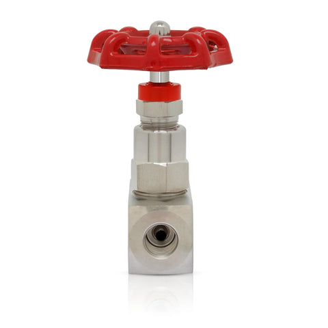 Stainless steel 304 needle valve with red handwheel; 1/4 in NPT, straight flow