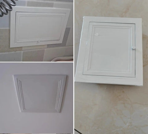 Heavy Duty Metal Access Panel Service Door For Drywall Electrical And Hvac Ducts Recessed Attic Wall Cover shown in various angles.