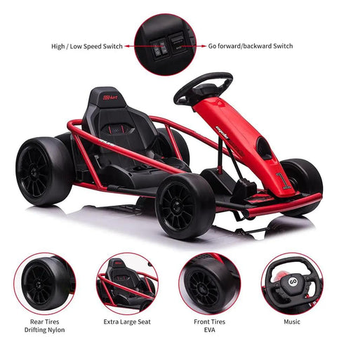 24V Dual Motor Ride On Go Kart For Kids With Two 300W Motors 8 MPH Electric Toy Car with red frame and black seat