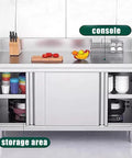 Heavy Duty Stainless Steel Prep Table With Cabinet And Splash Guard Slick Commercial Kitchen Workbench with storage area and console.