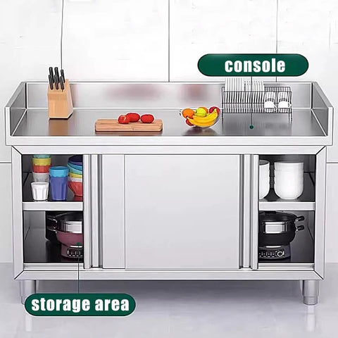 Heavy Duty Stainless Steel Prep Table With Cabinet And Splash Guard Slick Commercial Kitchen Workbench with storage area and console.
