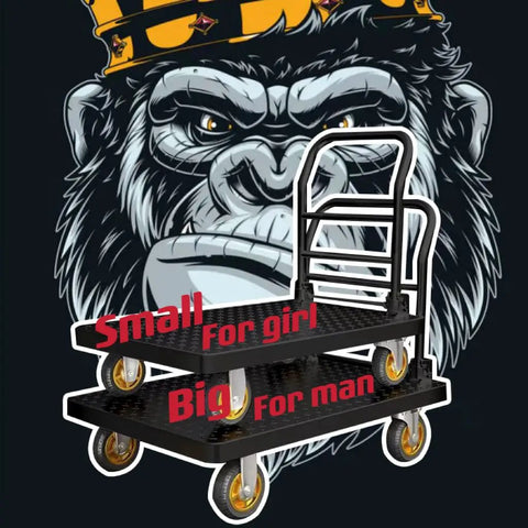 Heavy Duty Steel Platform Truck Built Tough Flat Cart Dolly With Wheel Brakes Hauls Heavy Gear Up To Two Thousand Pounds Swivels On A Dime For Quick Shop Floor Transfers against a gorilla graphic.