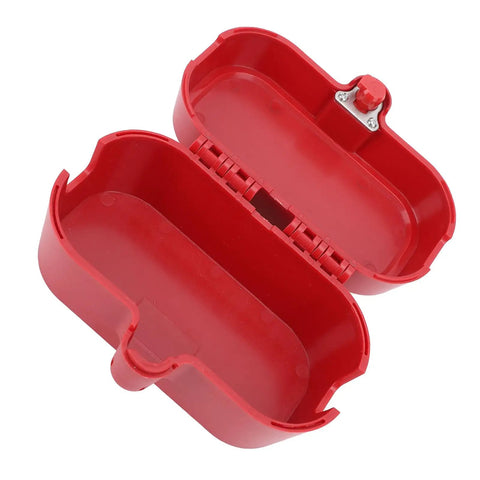 Open red Industrial Plug Lockout Box With Self Locking Design And Integrated Lock Cylinder No Fuss Key Retaining Safety Lockout Device