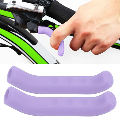 Hand using anti slip silicone brake lever grips set for motorcycle and bike, gel material non slip handle covers, purple color.