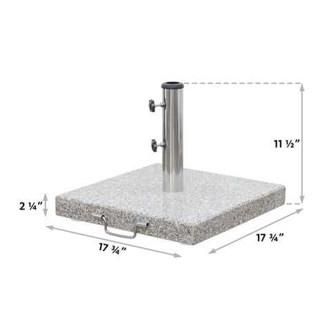 Heavy Duty Granite Patio Umbrella Base With Handle And 2 Casters, square grey stone stand with measurements shown