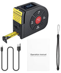 2 In 1 Laser Tape Measure With 164 Ft Laser Range And 16.5 Ft Digital Tape Measure, Ultra Accurate To 2 Mm, Easy Switch Between Long Range And Short Measurements For Framing, DIY Projects, And Quick Layouts., black 2-in-1 laser tape measure with USB-C cable, manual, and wrist strap