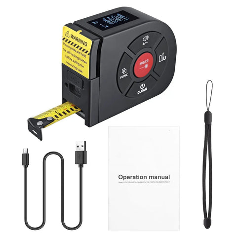 2 In 1 Laser Tape Measure With 164 Ft Laser Range And 16.5 Ft Digital Tape Measure, Ultra Accurate To 2 Mm, Easy Switch Between Long Range And Short Measurements For Framing, DIY Projects, And Quick Layouts., black 2-in-1 laser tape measure with USB-C cable, manual, and wrist strap