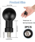 Aluminum 20mm ball mount adapter with 1/4-20 threaded stud, shown with size measurements and 2 pieces