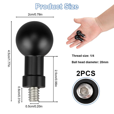 Aluminum 20mm ball mount adapter with 1/4-20 threaded stud, shown with size measurements and 2 pieces