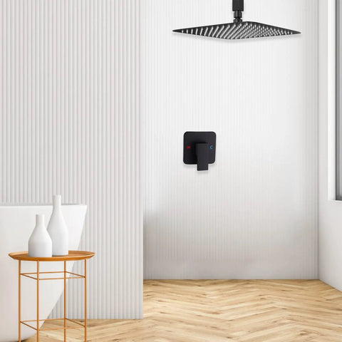 Matte Black Ceiling Shower System With 10 Inch Rain Shower Head, Valve And Trim, Luxury Bathroom Shower Mixer Set, 1.75 GPM Water Flow