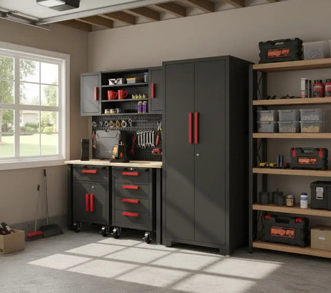 Heavy Duty Garage Storage Cabinet Set For Tool Organization 6 Piece System With Steel Cabinets Rolling Drawers 52 Inch Workbenches Pegboards And Shelves For A Clean Efficient Workshop.