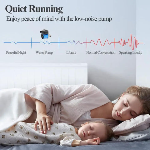 Heavy Duty 115V Hot Water Recirculating Pump With Built In Timer And Whisper Quiet Operation displayed in bedroom with sleeping child.