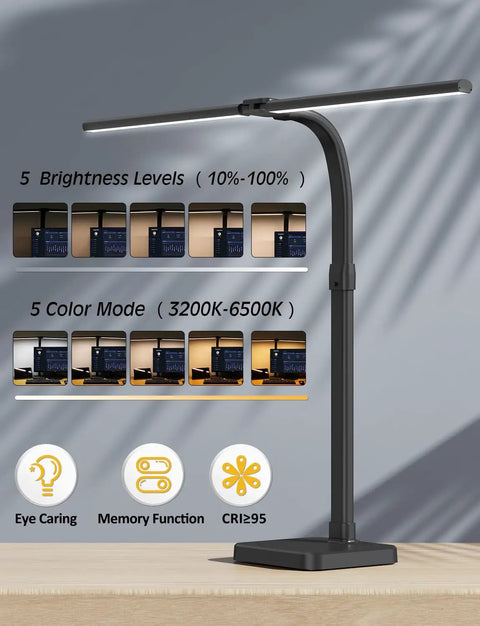 LED Desk Lamp For Home Office Ultra Wide Double Head 24W with base, adjustable gooseneck, five brightness levels, black color