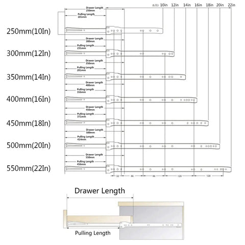 Technical drawing of Rock Solid Heavy Duty Drawer Slide Rails For Wooden Cabinets And Dressers with sizes and dimensions.