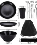 Camping Utensils Set For One Person, Portable Travel Silverware with black mug, bowls, plate, cutlery, and bag