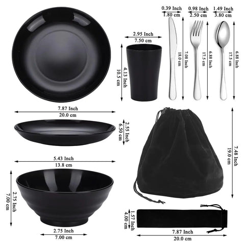 Camping Utensils Set For One Person, Portable Travel Silverware with black mug, bowls, plate, cutlery, and bag