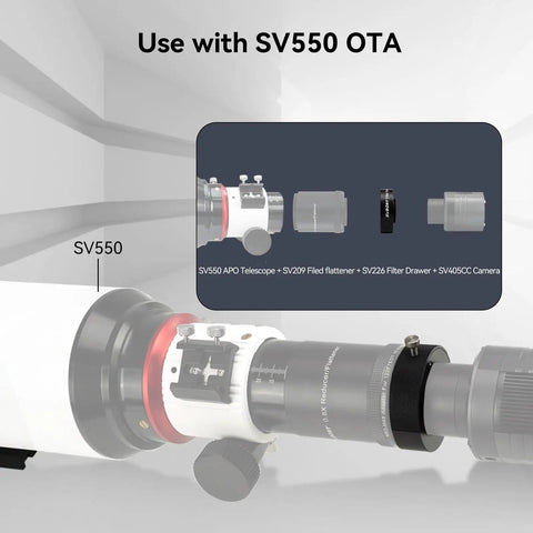 Deep Sky Telescope Filter Drawer With Double Magnetic Filter Holder attached to SV550 OTA for astrophotography setup