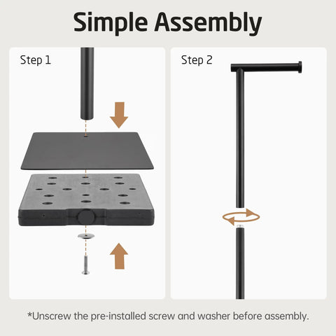 Assembly steps for Rock Solid Free Standing Toilet Paper Holder In Matte Black Stainless Steel, showing parts and connection points.