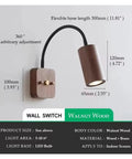 Modern Walnut Wall Sconce With 360 Degree Swivel Spotlight, walnut wood and brass, flexible design, adjustable reading light.