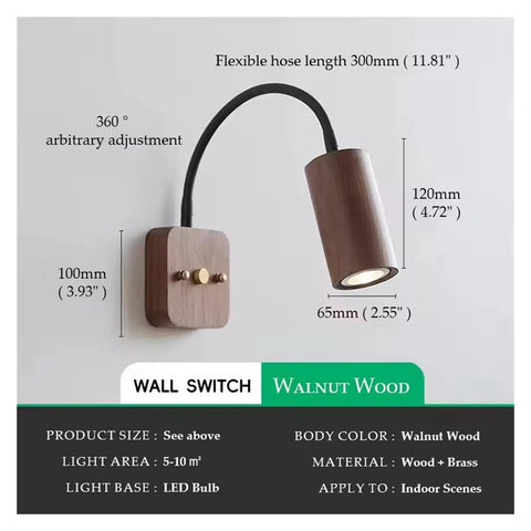 Modern Walnut Wall Sconce With 360 Degree Swivel Spotlight, walnut wood and brass, flexible design, adjustable reading light.