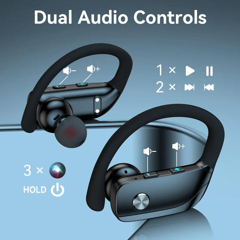 Wireless Earbuds Bluetooth Headphones With 80 Hour Playtime In Charging Case LED Display Over Ear Hook Microphone Stereo Sound Easy Button Controls Sports Earphones For Running Gym Black, showcasing easy button controls for dual audio adjustments and volume control features on side view.