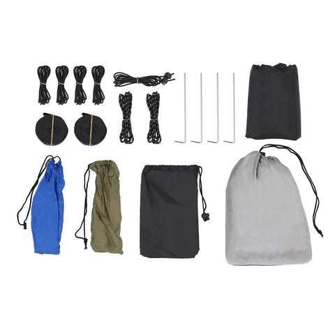 Components of Heavy Duty Camping Hammock With Rain Fly Tarp And Mosquito Net 440 lb Capacity Portable Tree Hammock