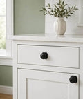 Matte Black Cabinet Knobs 4 Pack With 1.6 Inch Square Backplates Vintage Floral Petal Design Rustic Drawer Pulls on white cabinet.
