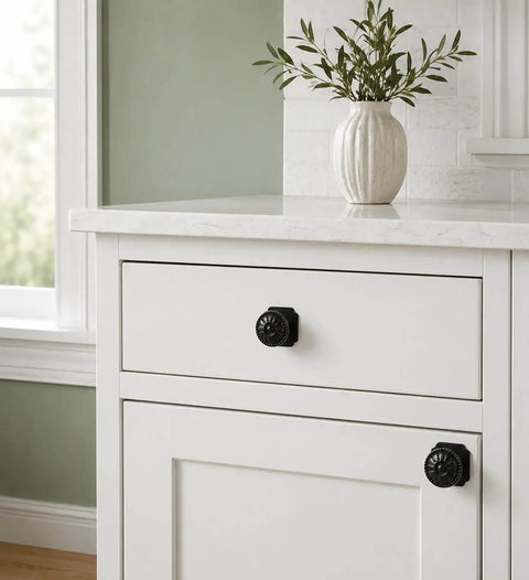 Matte Black Cabinet Knobs 4 Pack With 1.6 Inch Square Backplates Vintage Floral Petal Design Rustic Drawer Pulls on white cabinet.