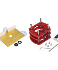Heavy Duty Router Lift Kit With Precision Table Insert Plate And Locking Clamp Base showing yellow plate and red bracket for woodworking.