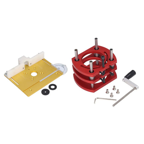 Heavy Duty Router Lift Kit With Precision Table Insert Plate And Locking Clamp Base showing yellow plate and red bracket for woodworking.