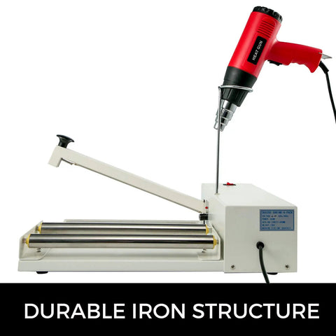24 Inch I Bar Shrink Wrap Machine With 800W Sealer And Heat Gun, durable iron construction, side view with heat gun attached