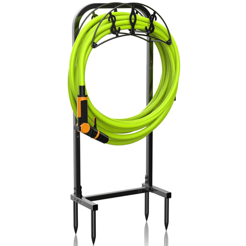 Freestanding Garden Hose Holder With 4 Spikes Heavy Duty Hose Reel Keeps 150 Ft Of Hose Neatly Stored, shown with coiled green hose.