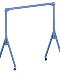 Heavy Duty Adjustable Steel Gantry Crane Built Tough As Nails With Two Thousand Pound Lifting Capacity Four Smooth Rolling Swivel Nylon Casters For Barn Bosses And Garage Hustle Crews in blue, portable design.