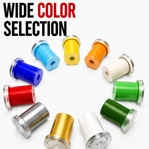 Clean Hidden Acrylic Standoff Mounts For Plexiglass Wall Signs With No Sweat Install Kit UV Stable Heavy Duty Clip In Holders 100 Pack Medium White display with colorful acrylic mounts arranged in a circle.