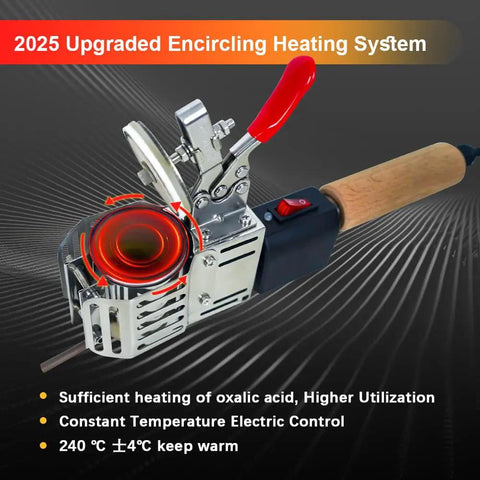 Close-up of Oxalic Acid 12V Beehive Vaporizer For Varroa Mites with upgraded encircling heating system and red handle