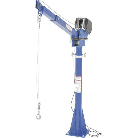 Top Shelf Electric Jib Crane With Two Thousand Pound Capacity And Full Three Sixty Rotation, blue color, used for lifting heavy loads.