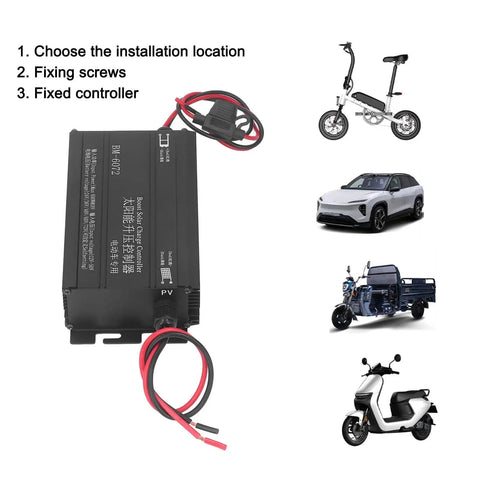 600W MPPT Solar Charge Controller with step-up design, 12-50V input, shows installation steps and compatible vehicles
