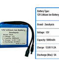 12V 5000mAh Rechargeable Lithium Ion Battery Pack With 2A Fast Charger shown with model details and specifications.