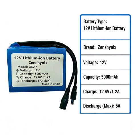 12V 5000mAh Rechargeable Lithium Ion Battery Pack With 2A Fast Charger shown with model details and specifications.