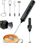 Electric Handheld Milk Frother Wand with Stand, 3 Speed Controls for Creamy Foam in Under 10 Seconds, Splash Proof Design Perfect for Coffee, Latte, Cappuccino, Matcha and Protein Shakes, Black, with attachments and USB charging port.
