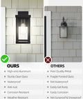 Comparison of Two Pack Outdoor Wall Lanterns Black Sconce Lights With Clear Glass Shade and another brand, highlighting features.
