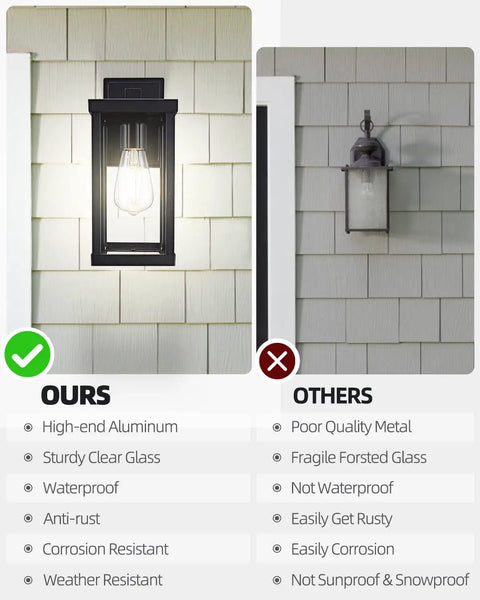 Comparison of Two Pack Outdoor Wall Lanterns Black Sconce Lights With Clear Glass Shade and another brand, highlighting features.